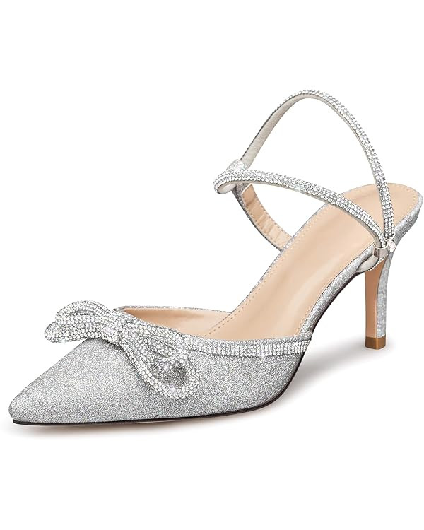 Susanny Women's Closed Toe Rhinstone Wedding Low Heel Slingback Clear Kitten Heels,Adjustable Str... | Amazon (US)