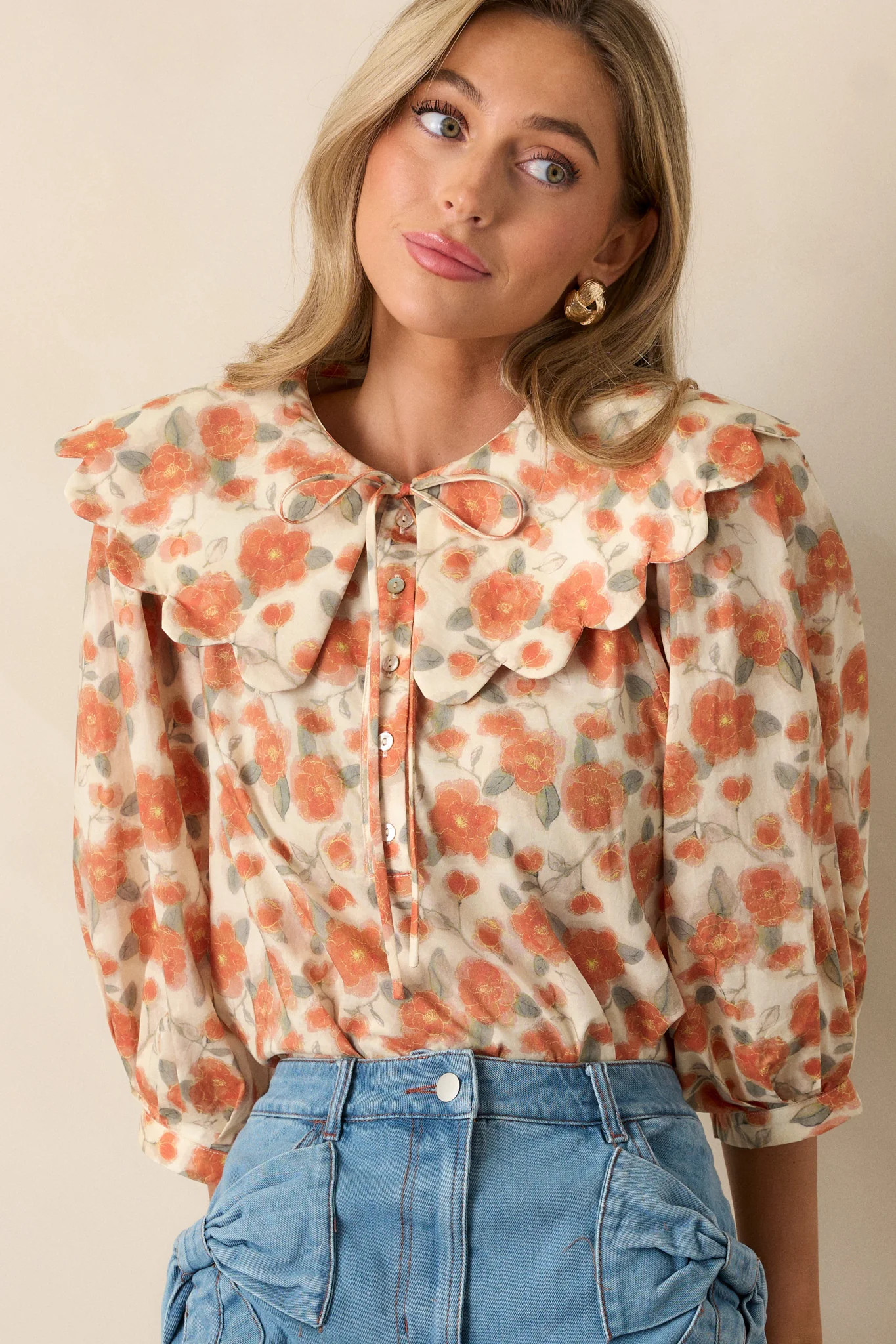 Moments With You 100% Cotton Apricot Floral Blouse | Red Dress