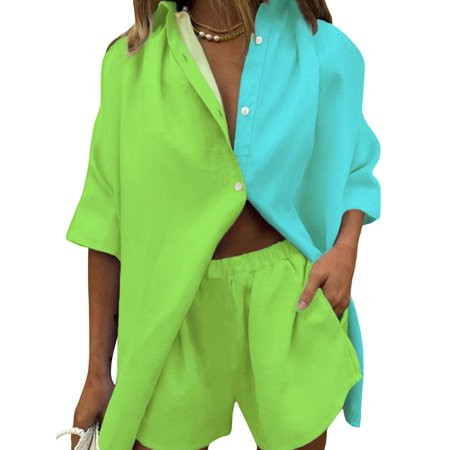 Genuiskids Women 2 Piece Outfits Contrast Color Summer Linen Beach Vacation Outfit Sets Longsleeve B | Walmart (US)