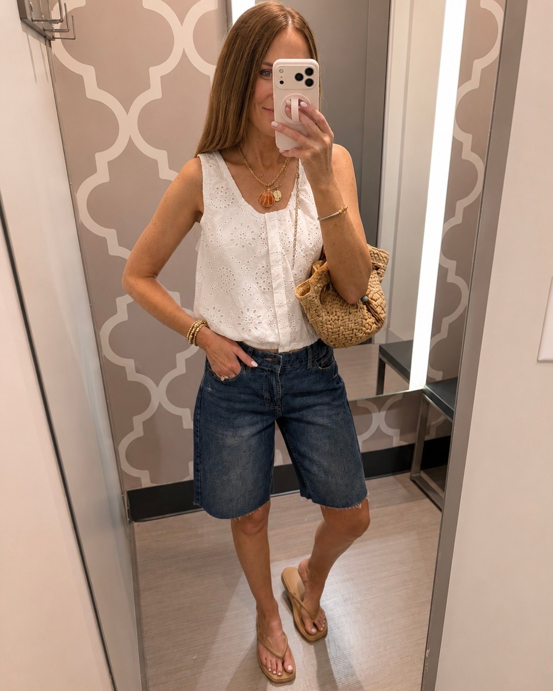 Needless to say these long denim shorts/jorts/bermuda shorts came home with me. Wearing a 2. Button front eyelet tee looks like Abercrombie. Size small.

#LTKootd #LTKSeasonal #LTKOver40