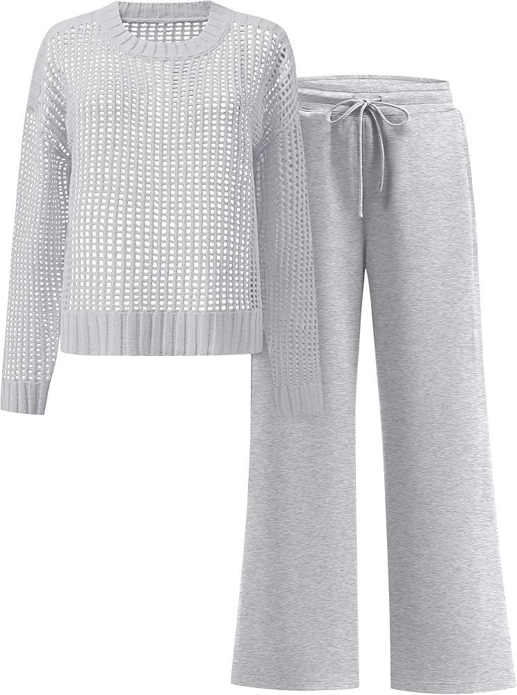 ANRABESS Womens 2 Piece Outfits Crochet Sheer Knit Sweater Top Wide Leg Pants Lounge Set Sweatsui... | Amazon (US)