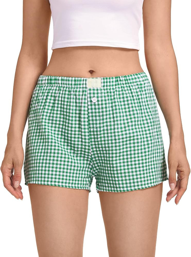 Womens Boxer Shorts Low Waist Plaid Print Pajama Lounge Shorts Elastic Cute Button Front Bottoms ... | Amazon (US)