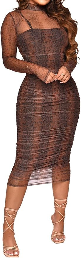Fastkoala Women Sexy Long Sleeve Printed Sheer Mesh Bodycon Midi Dress See Through Slim Fit Party... | Amazon (US)