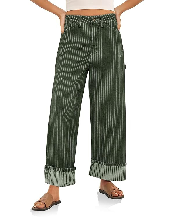 Cicy Bell Womens Striped Wide Leg Jeans Baggy Boyfriend High Waisted Cuffed Denim Pants with Pock... | Amazon (US)