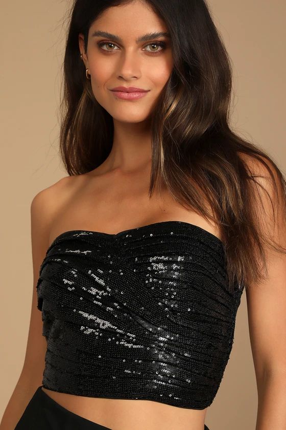 Shine Your Love Black Sequin Ruched Strapless Crop Top | Lulus (US)