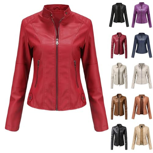 Red Leather Jacket,Womens Leather Jacket Long Sleeve Faux Leather Coats Motorcycle Outwear Bomber Jackets(01-Red,Small) | Amazon (US)