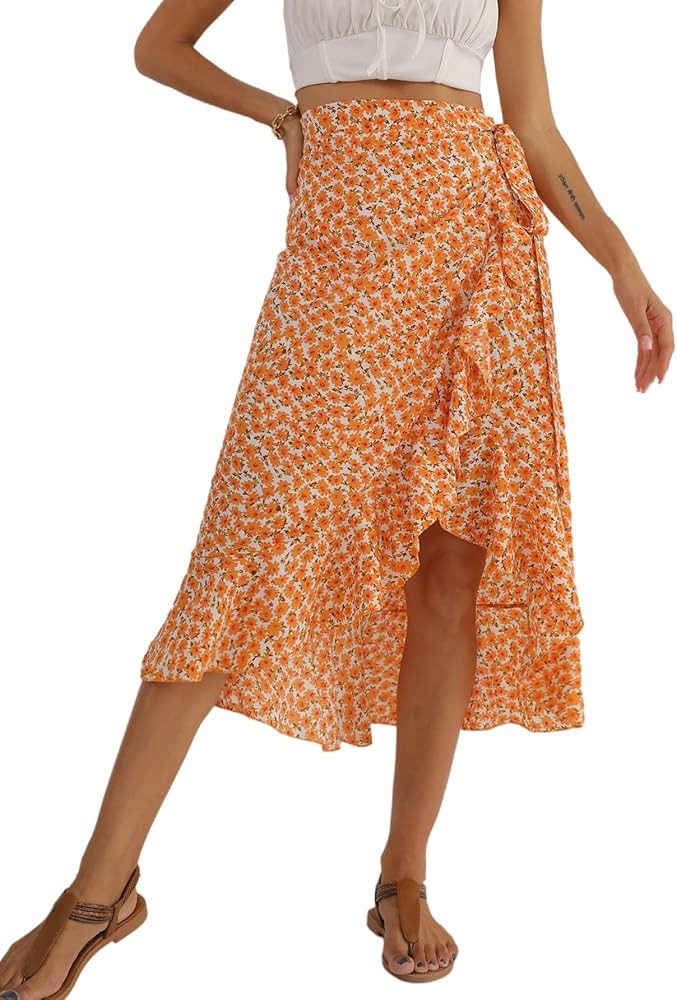 LYANER Women's Boho Floral Print Wrap Front Self Tie Knot Ruffle Hem Split Midi Skirt | Amazon (US)