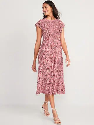 Fit &#x26; Flare Flutter-Sleeve Tiered Smocked Midi Dress for Women | Old Navy (US)