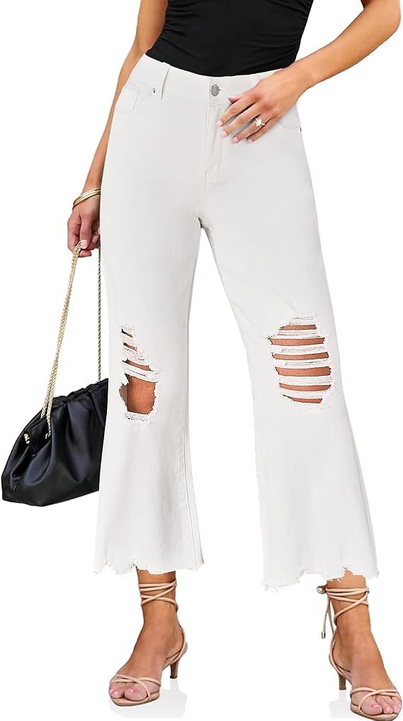 luvamia Wide Leg Jeans for Women Trendy High Waisted Flare Ripped Cropped Jeans Stretchy Distress... | Amazon (US)