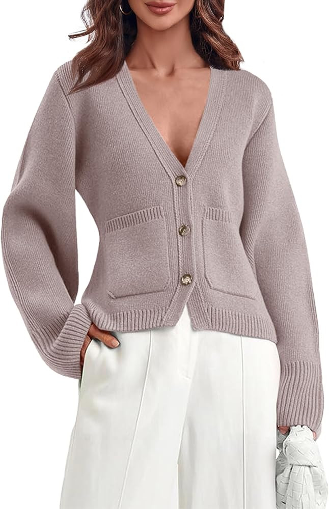 Saodimallsu Womens Deep V Neck Cardigan Sweaters Open Front Button Down Long Sleeve Cropped Knit ... | Amazon (US)