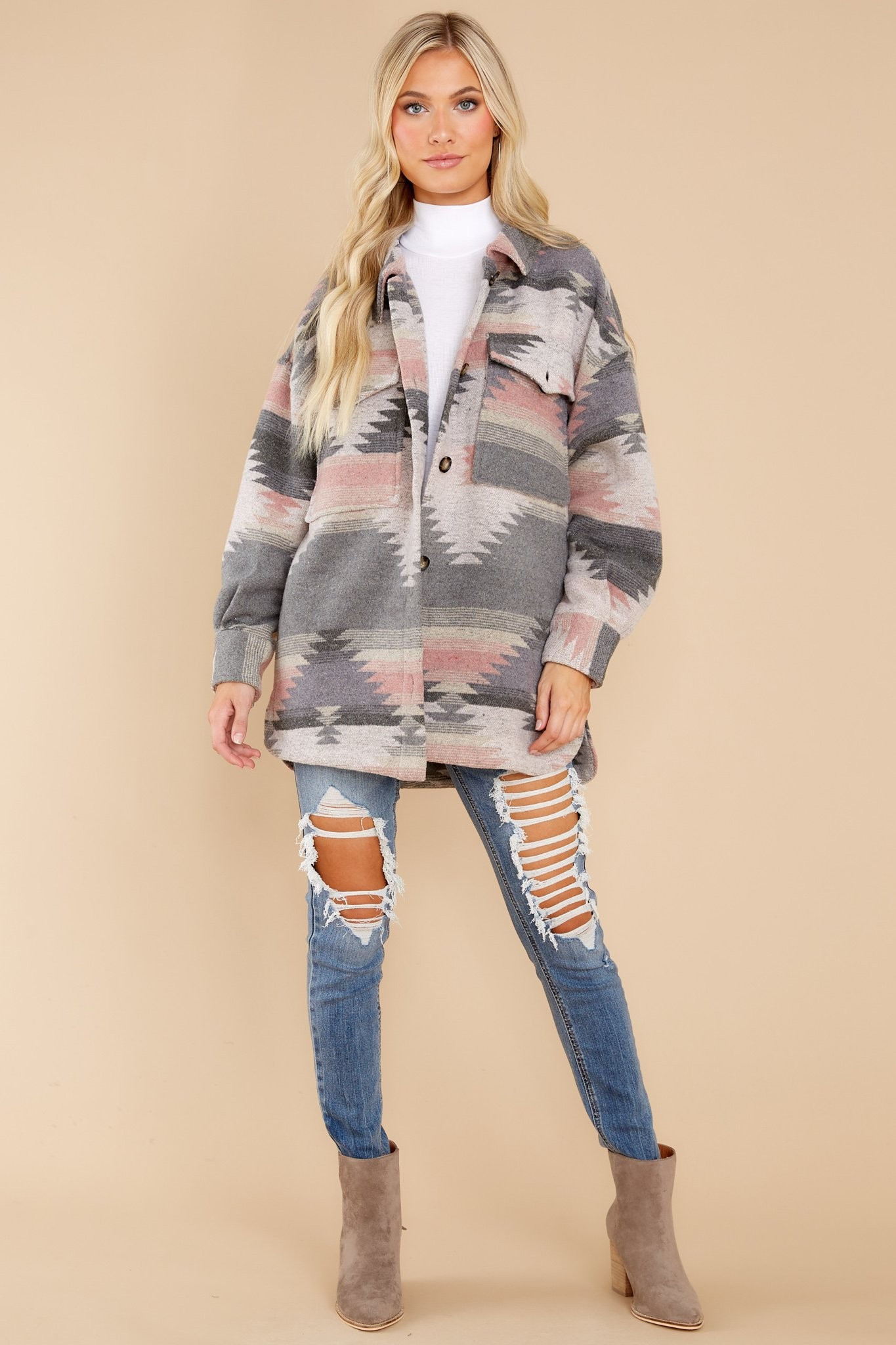 Seamless Transition Grey Multi Print Shacket | Red Dress 