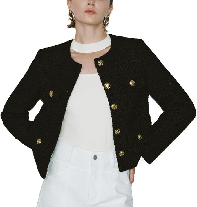 URBAN REVIVO Womens Cropped Tweed Blazer Jackets 2025 Fall Winter Casual Business Work Suits Long... | Amazon (US)