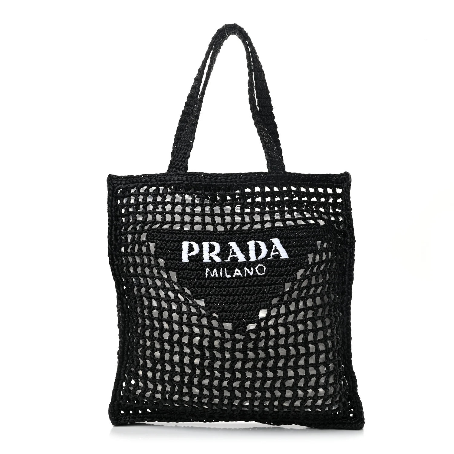 PRADA Raffia Embroidered Logo Tote Bag Black | FASHIONPHILE (US)