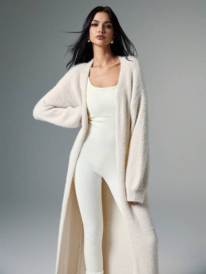 Poéselle Apricot Plush Extra Long Cardigan,Women's Solid Color Casual Knit Cardigan,Fall Women O... | SHEIN