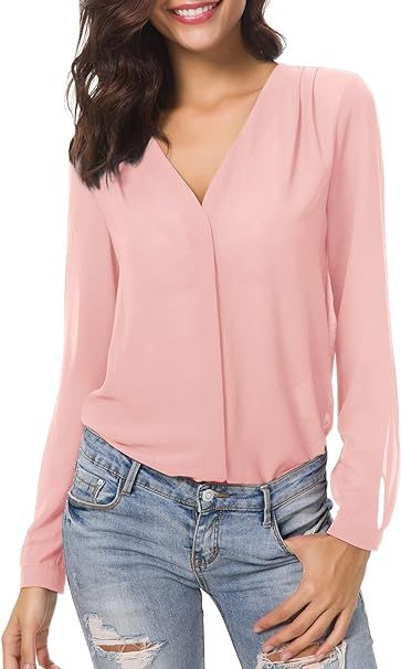 Urban CoCo Womens V Neck Ruffled Shoulder Business Causal Chiffon Blouse Button Down Shirts | Amazon (US)