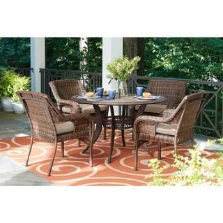Cambridge 5-Piece Brown Wicker Outdoor Patio Dining Set with CushionGuard Putty Tan Cushions | The Home Depot