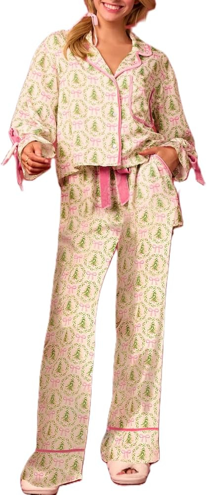 Women Silk Christmas Pajamas 2 Piece Satin Ribbon Tie Front Pjs Xmas Graphic Long Sleeve Shirt Pa... | Amazon (US)