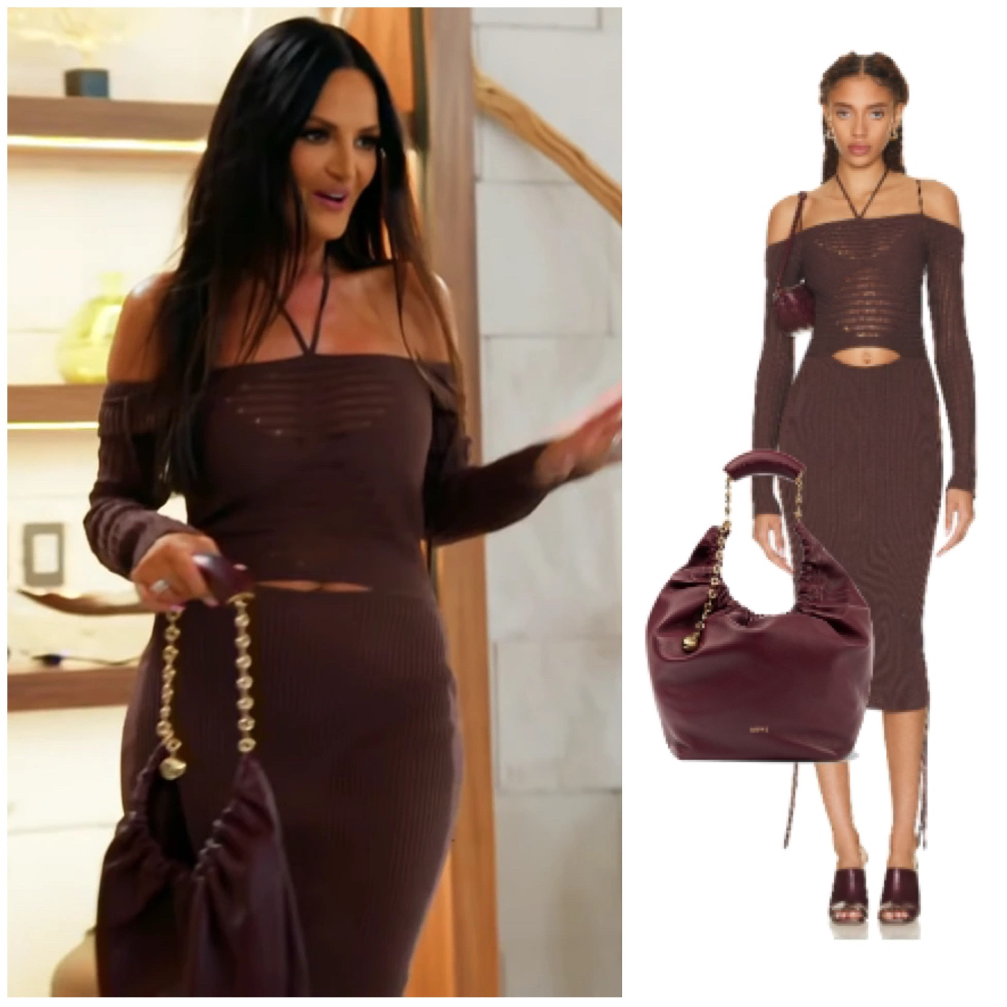 Lisa Barlow’s Brown Crochet Off the Shoulder Dress and Chain Strap Purse