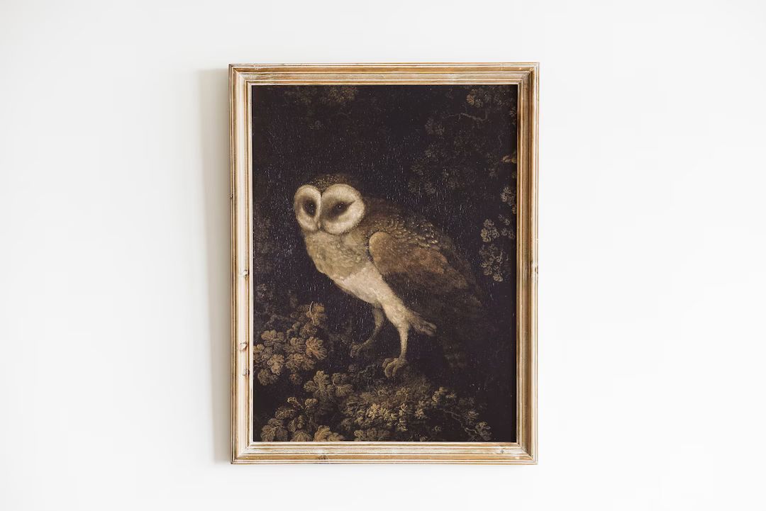 Vintage Owl Oil Painting Antique Dark Academia Printable Wall Art Moody Rustic Bird Print Digital... | Etsy (US)