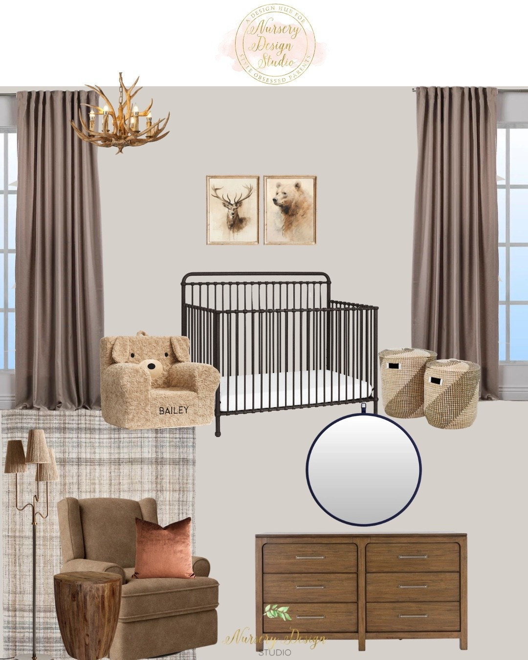 Shop Bayleigh’s nursery—the vintage iron crib, warm wood dresser, deep brown wingback recliner, plaid rug, antler chandelier, woodland artwork, woven baskets, and cozy textures bring rustic lodge style to life.

#LTKSaleAlert #LTKHome #LTKBaby
