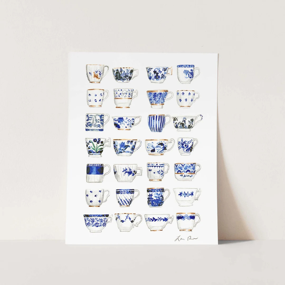 Blue and White Teacups Art Print, Chinoiserie Watercolor Painting, English Tea, Preppy Home Decor... | Etsy (US)