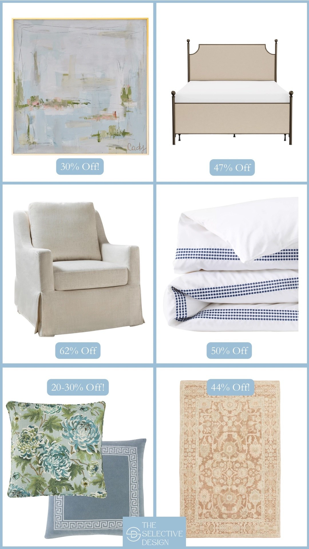 So many great home decor finds on sale! This blue and white duvet would look great in a classic bedroom. Such a great price on this classic bed. This neutral accent chair is on major sale! This gorgeous abstract art is 30% off! A neutral rug that would work in any space on major sale. These blue and green throw pillows would be great in a grandmillennial bedroom or living room! 

Classic bedroom decor | home decor on sale | affordable home decor | Grandmillennial home decor 

#LTKHome #LTKSaleAlert