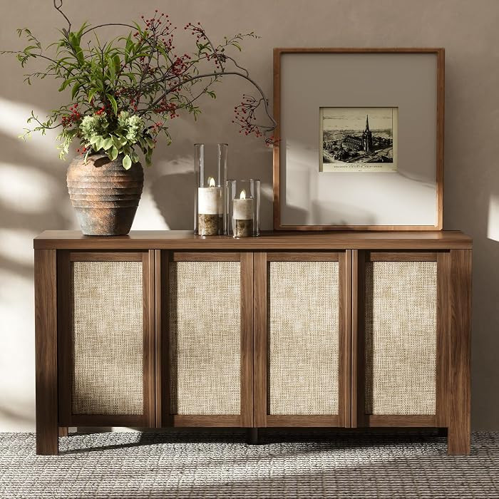 Buffet Cabinet with Storage, 63" Wide Sideboard with Solid Wood Handles and Rattan Look Accent Doors, Flexible Shelves, for Living Room, Kitchen, Dark Walnut | Amazon (US)