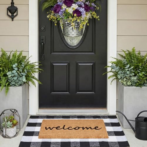 2 Pcs Welcome Doormat Set, Thick Coco Coir Door Mat + Black and White Buffalo Plaid Rug, Perfect Size Layered Floor Mat Natural Décor Non-Slip Backing Floor Mat for Front Door Entrance Entryway Porch | Amazon (US)