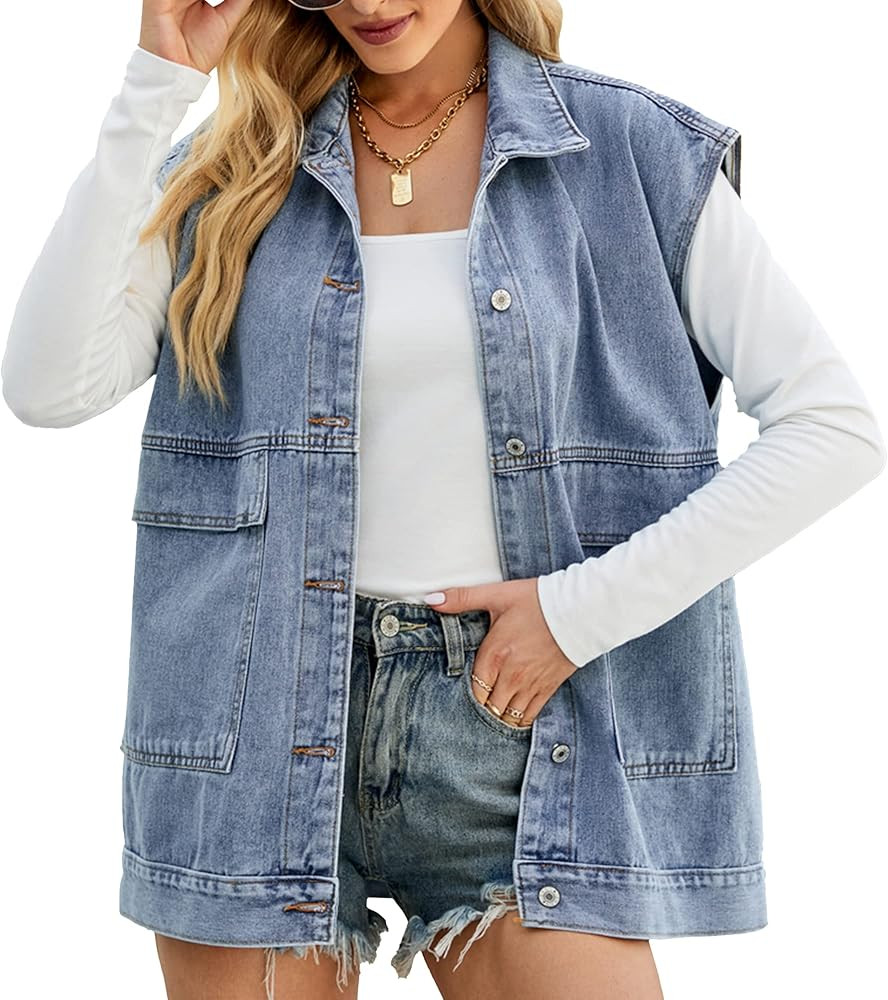 Hixiaohe Women's Denim Vest Sleeveless Jean Jacket Button Down Casual Lapel Waistcoat With Detach... | Amazon (US)