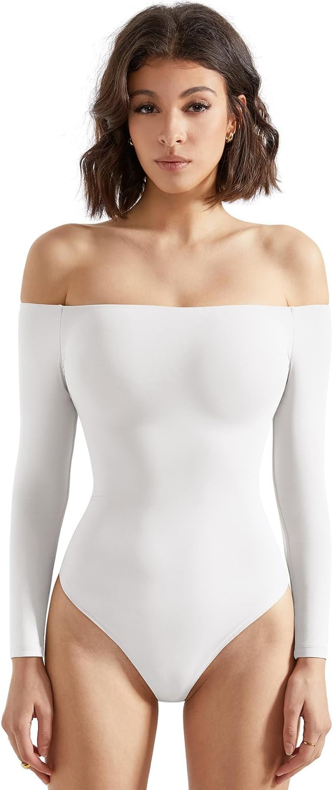 SUUKSESS Women Off the Shoulder Long Sleeve Bodysuit Double Lined Thong Bodysuit | Amazon (US)