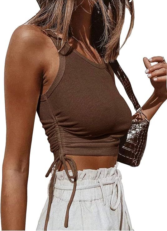 Artfish Women's Sleeveless Shirt Ribbed Drawstring Side Ruched Scoop Neck Basic Crop Tank Top | Amazon (US)