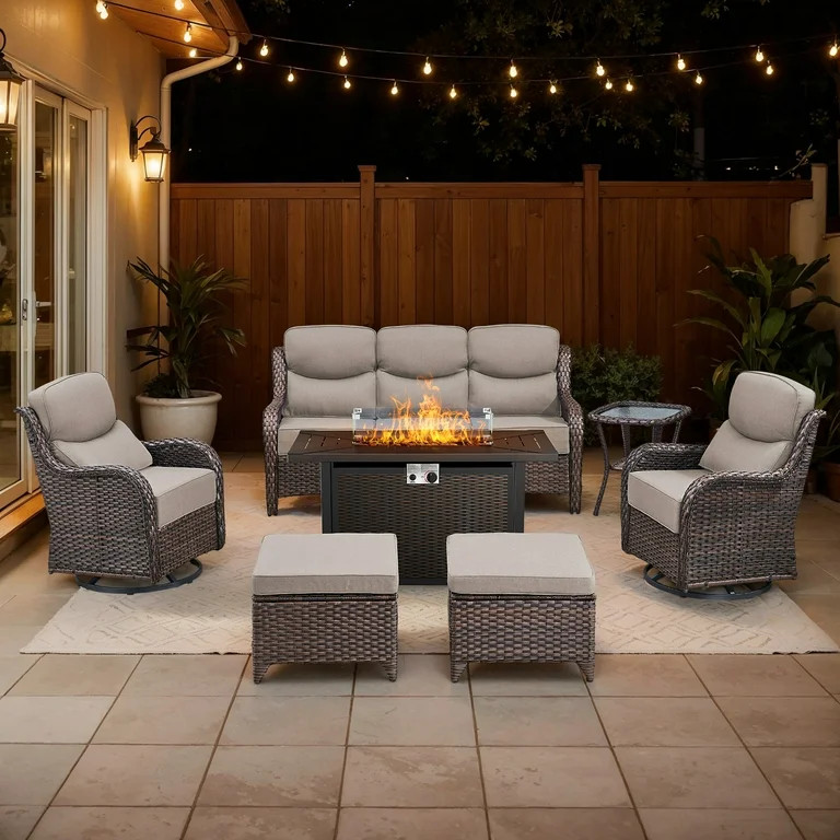 Bellefurn Luxury 7 Pieces Patio Furniture Sets with Fire Pit Table,Swivel Chairs with 6" Thick Cu... | Walmart (US)