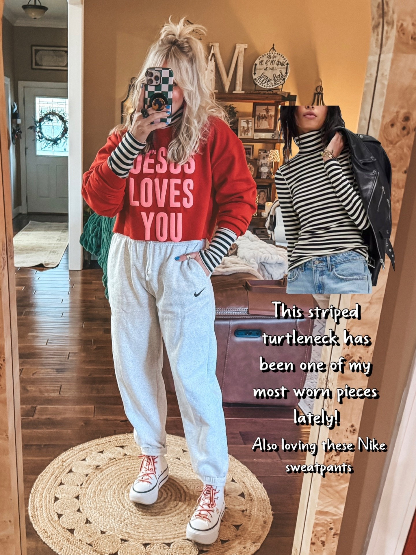 Love this striped turtleneck! It’s so good!! 
Also my Jesus loves you sweatshirt is the cutest and comes in other colors. 
Sweatpants are the best and run true to size  

#LTKootd #LTKOver40