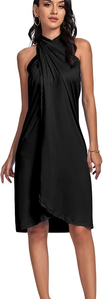 LYANER Women's Halter Tie Back Wraped Split Slit Backless Sleeveless Flowy Mini Dress | Amazon (US)