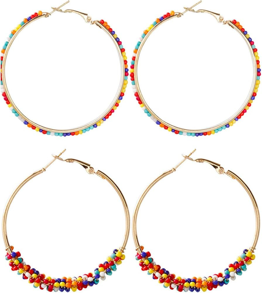 2 Pairs Bohemian Colorful Beads Circle Round Hoop Earrings Gold Hoop Dangle Earrings for Women Vinta | Amazon (US)