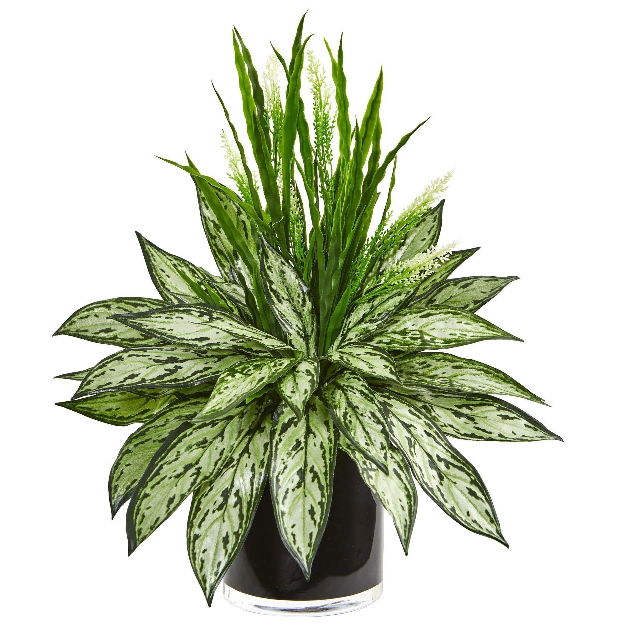 Silver Queen and Grass Artificial Plant in Black Vase | Nearly Natural