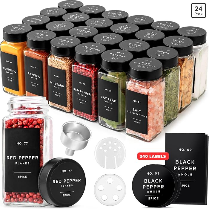 EDELHAUS Glass Spice Jars with Label and Black Lids (24 x 4oz) Spice Containers with 240 Labels, ... | Amazon (US)