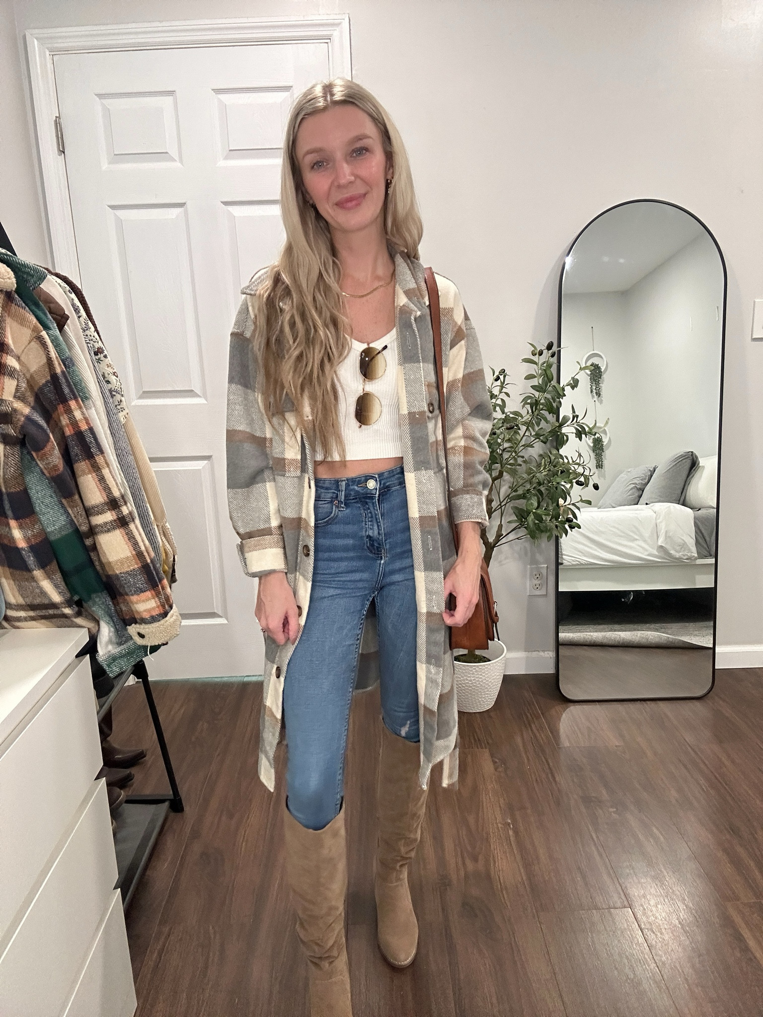 My favorite long flannel shacket for fall! Paired with the cutest slouchy boots for an easy but seasonal look! 
🍂🤍✨
#falloutfits #fallfashion 

#LTKSeasonal #LTKStyleTip #LTKFindsUnder50