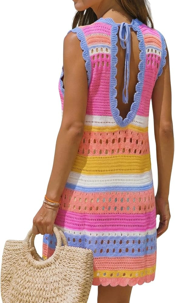 popvil Women\u2019s Swimsuit Crochet Cover Up Sleeveless Color Block Knit Bathing Suit Swimwear w... | Amazon (US)