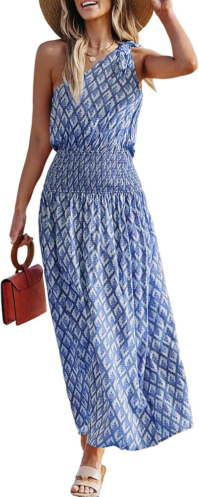 CUPSHE Women's Maxi Dress One Shoulder Sleeveless Smocked Floral Printed Self Tie Boho Long Dress... | Amazon (US)