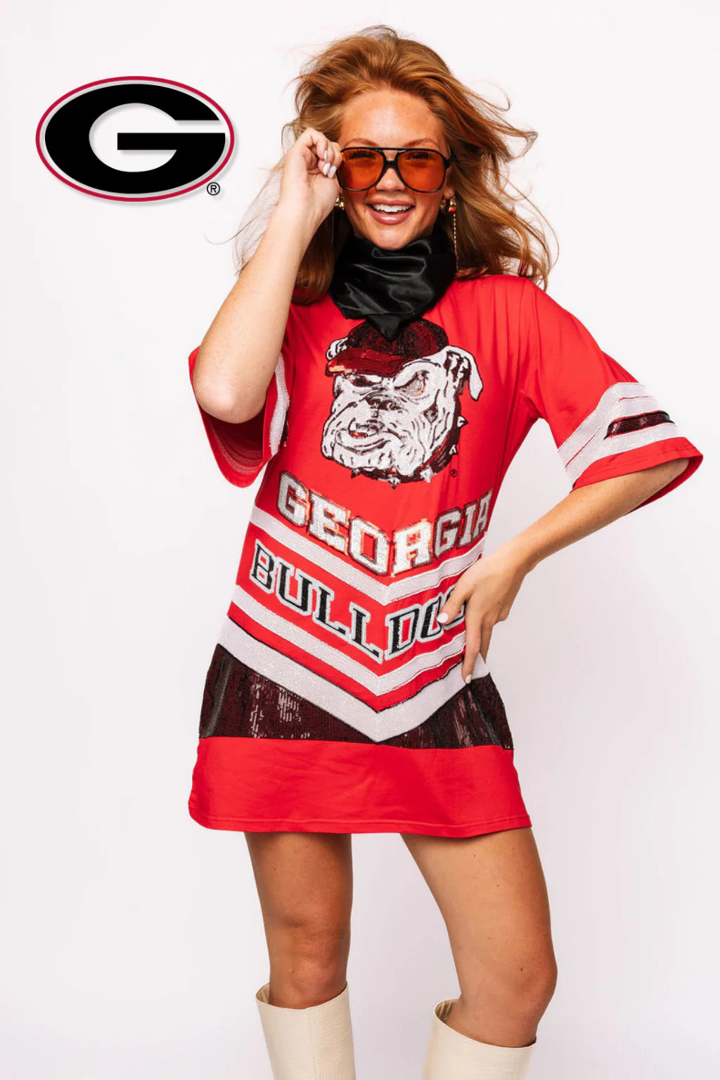 Licensed UGA V Striped Oversized Tee Dress | Queen of Sparkles