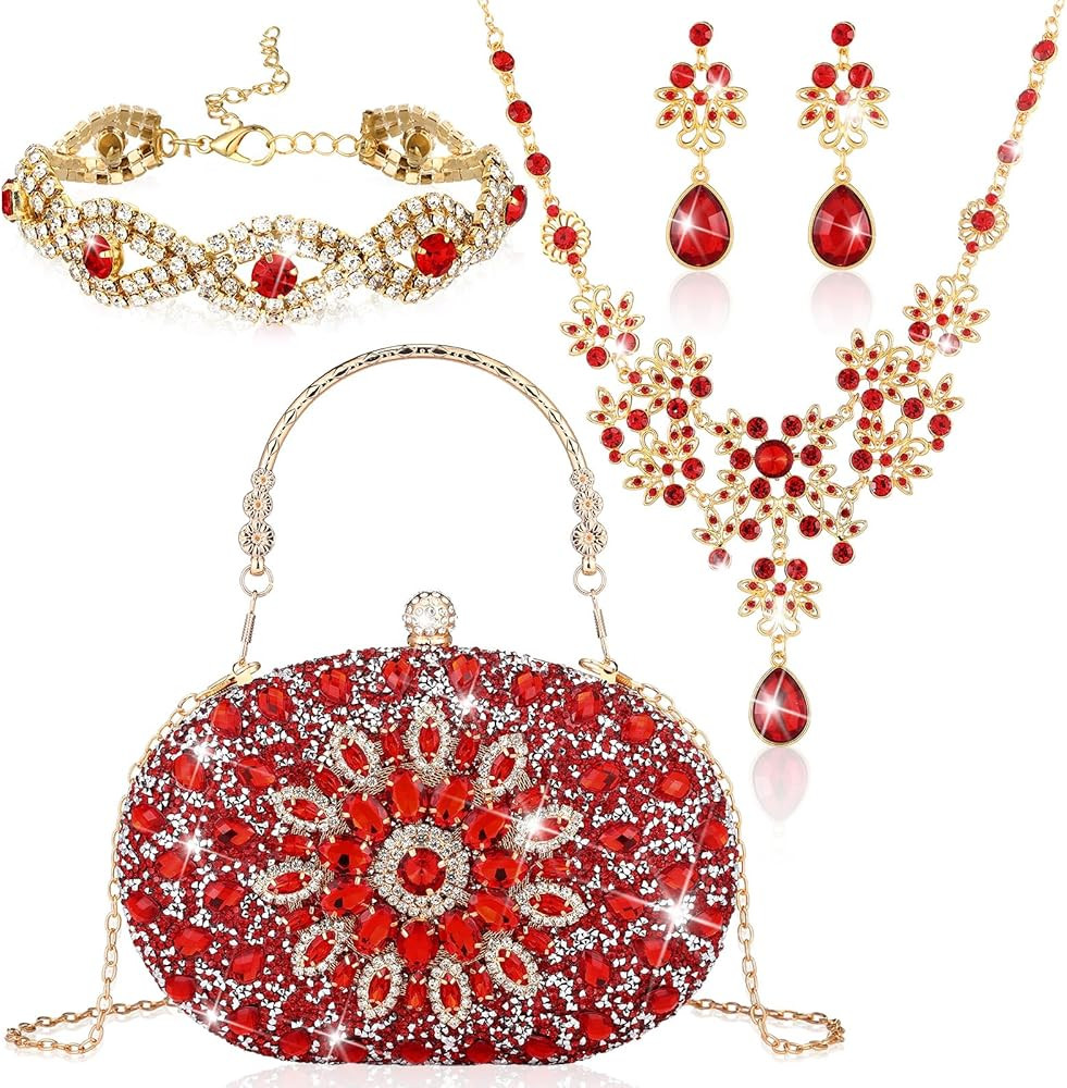 Quelay ​​​​4 Pcs Purse Rhinestone Jewelry Set for Wedding Bridal Women Handbag with Neckl... | Amazon (US)