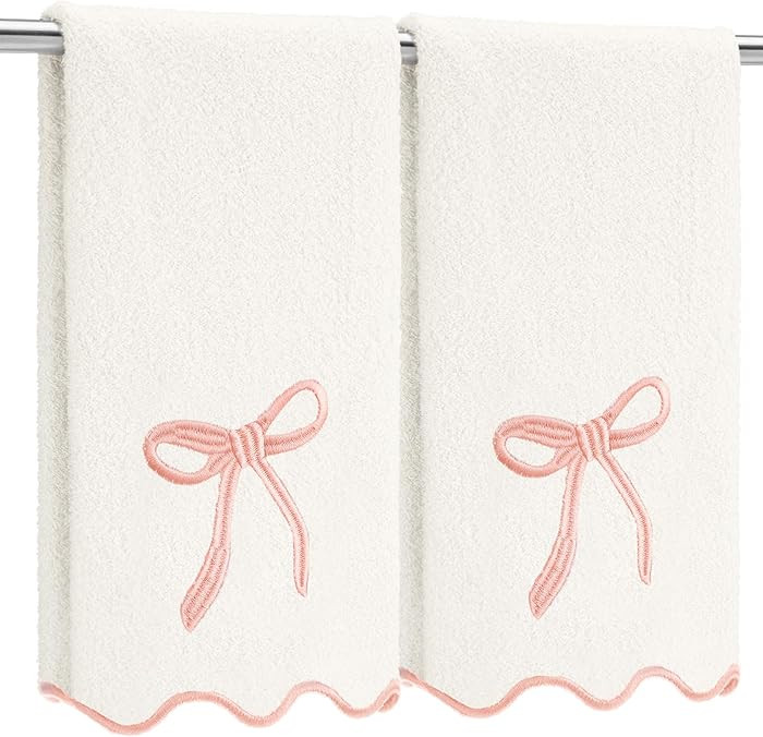 Fanfanwin 2 Pcs White Pink Scalloped Hand Towels for Bathroom 26 x 13 Embroidery Coquette Bow Han... | Amazon (US)