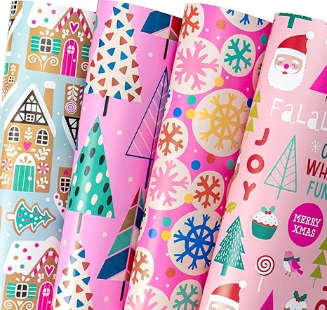 WRAPAHOLIC Christmas Wrapping Paper Sheet - 12 Sheets Pink Chrismas Tree and House Design Folded ... | Amazon (US)