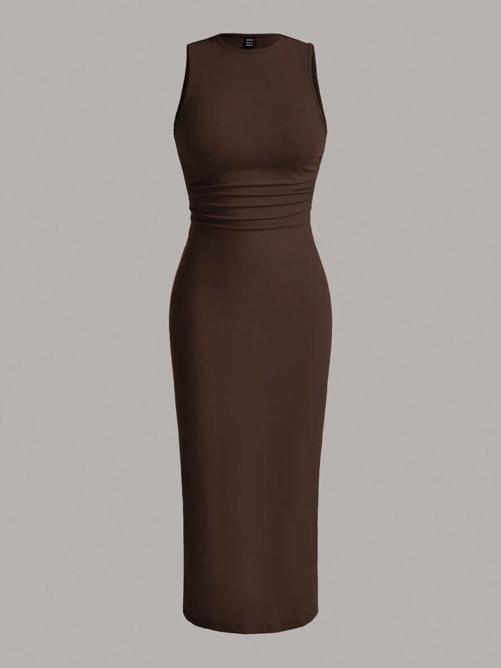 SHEIN EZwear Summer Solid Ruched Waist Tank Dress | SHEIN