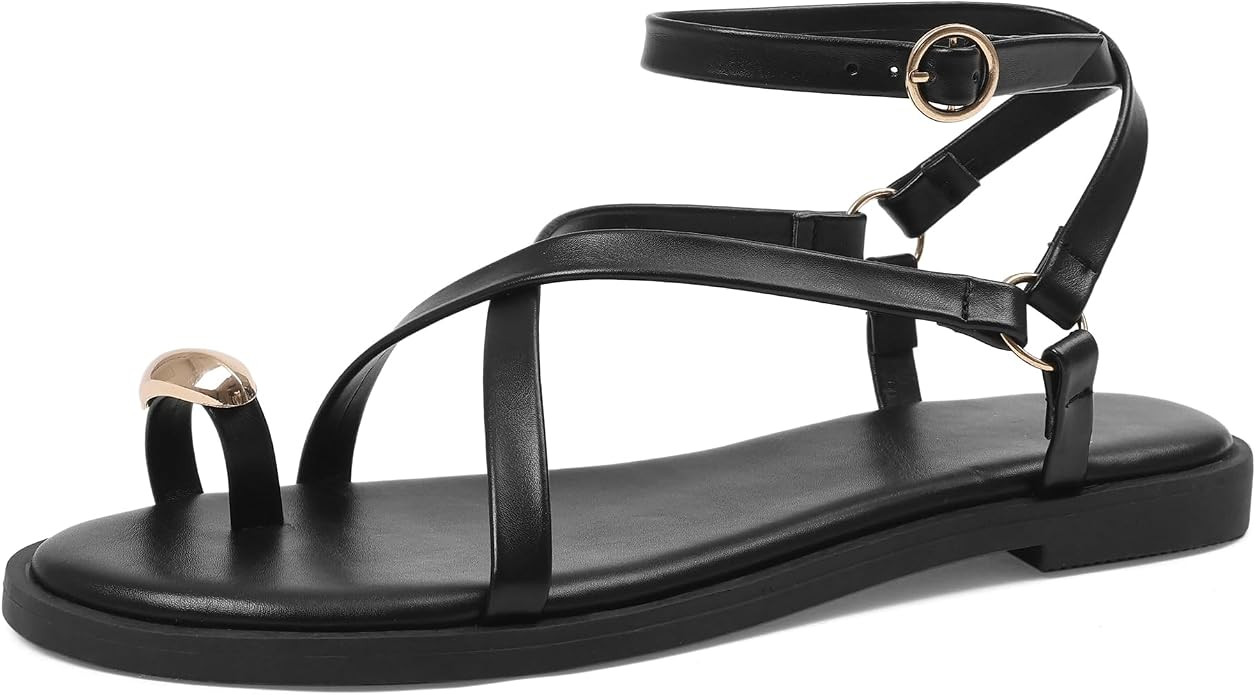 Womens Strappy Flat Sandals Open Toe Ring Buckle Flip Flops Casual Summer Flats Shoes for Everyda... | Amazon (US)