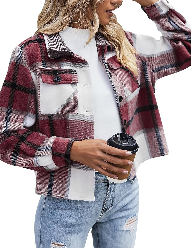 Zeagoo Flannels for Women Cropped Shacket Jacket Fashion Plaid Button Down Shirt 2025 Fall Coat T... | Amazon (US)