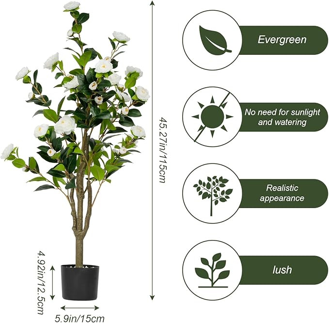 45" Artificial Camellia Tree 2 Pack Large Blooming Tree in Pot with White Flowers, 3.75ft Faux Fl... | Amazon (US)
