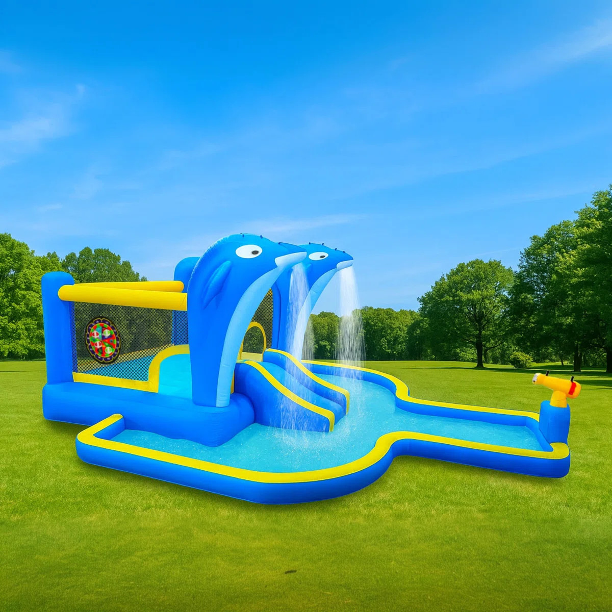 13.5Ft X 18.9Ft Inflatable Water Slide And Bounce House With Dolphin Sprinkler, Basketball Hoop, ... | Wayfair North America