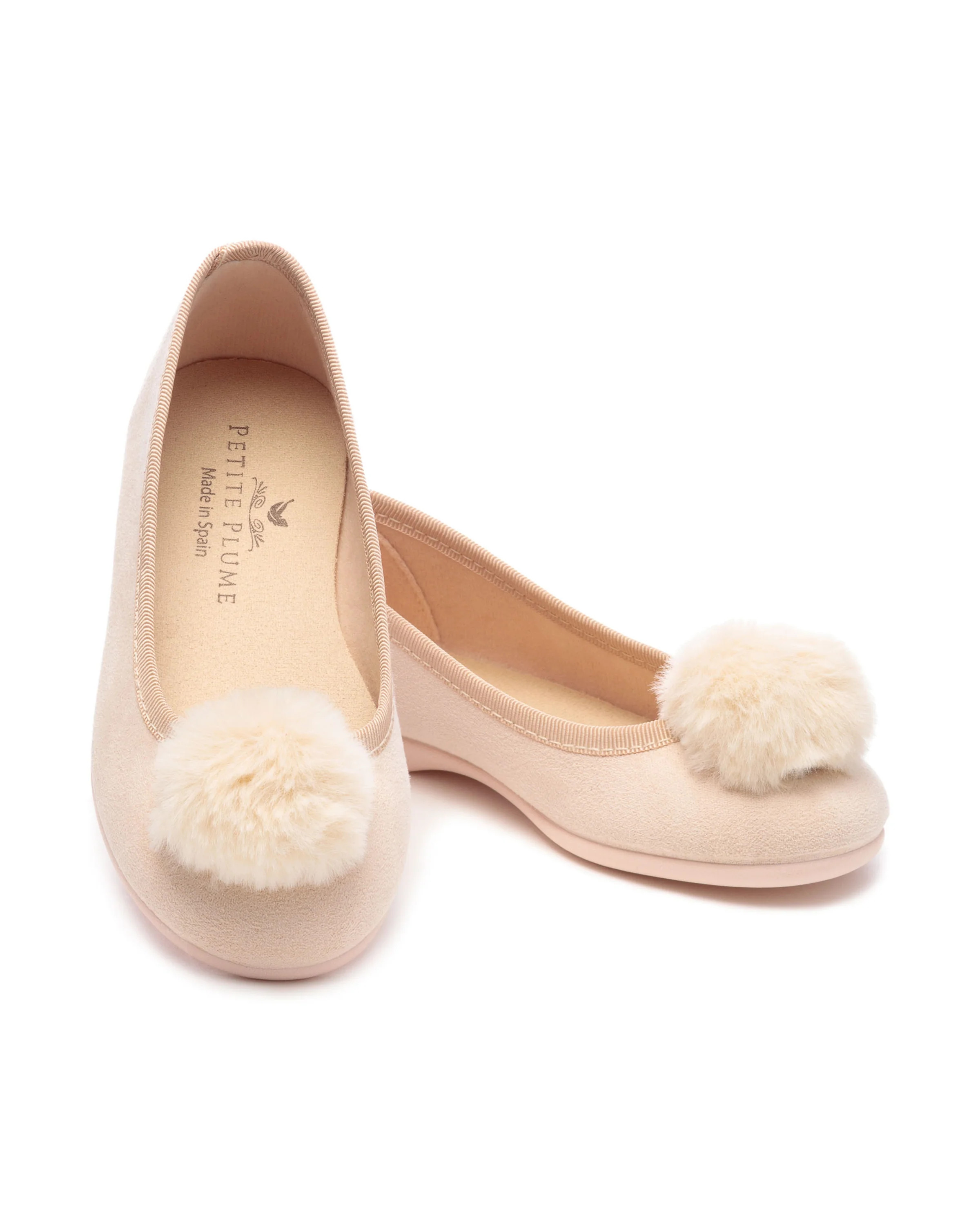 The Juliette Slipper in Peach Suede with a Festive Pom | Petite Plume